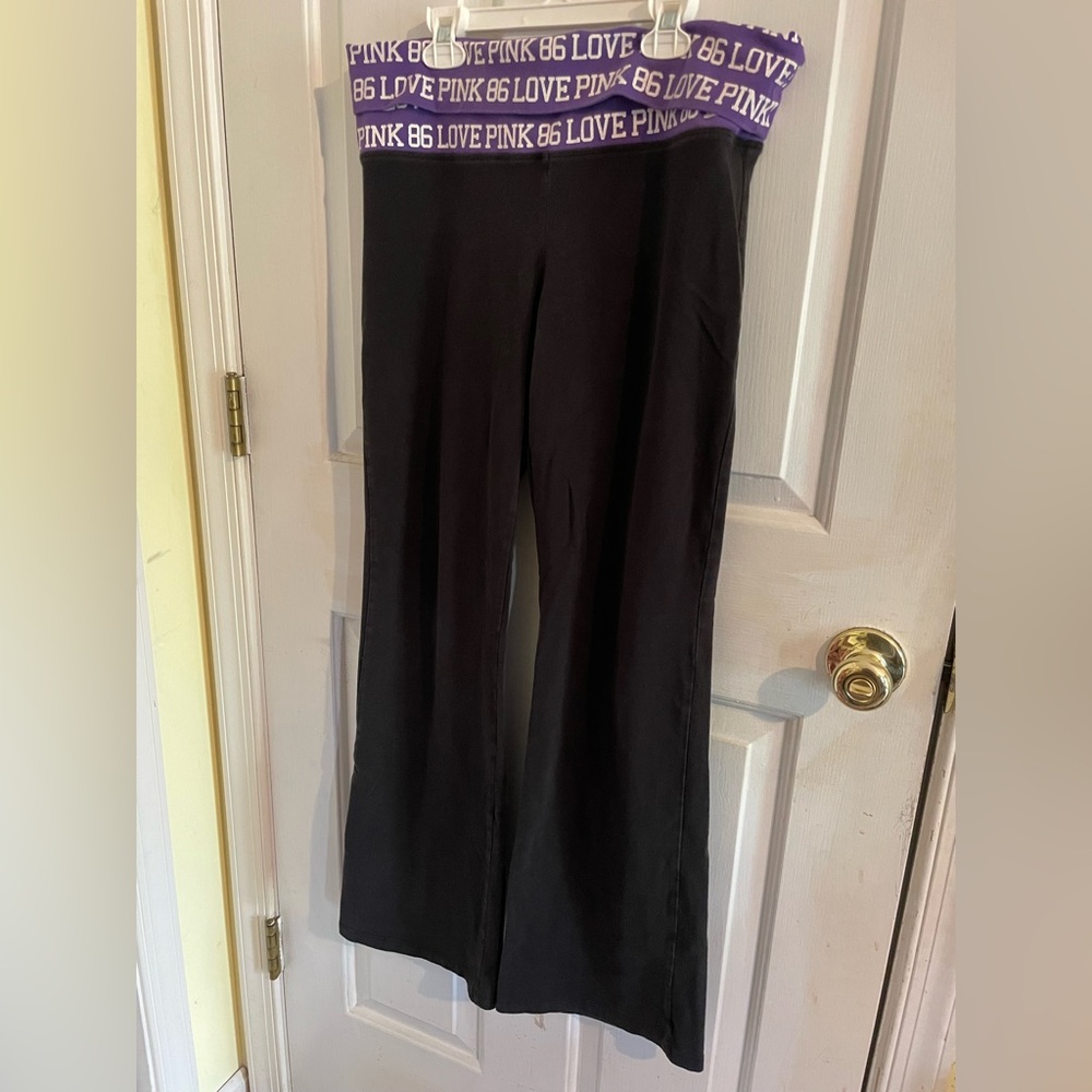 Vtg Y2K 2000’s VS PINK Foldover Flare Leggings Purple Logo Waistband LG SHORT